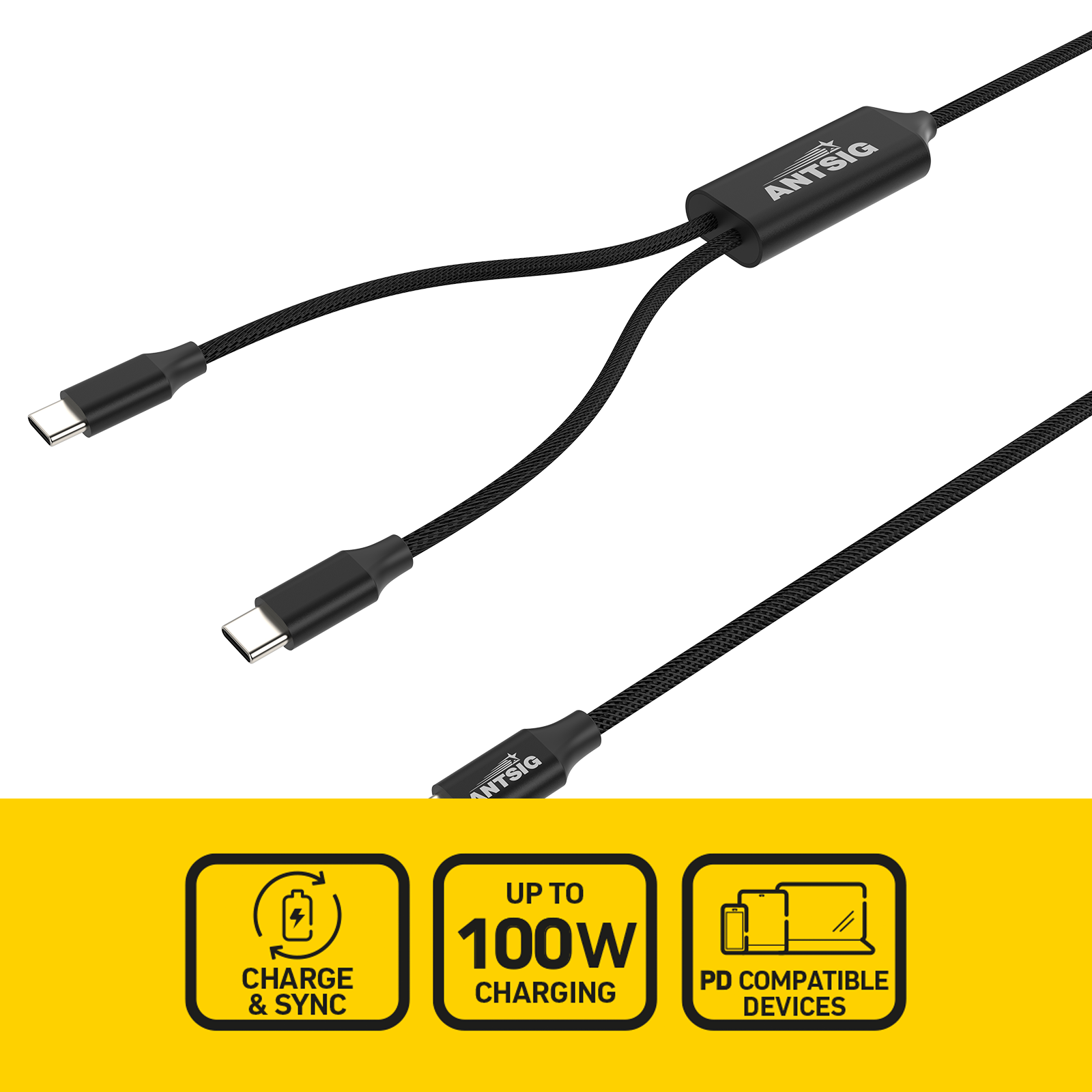 Antsig 1.2m 100W USB-C to Dual USB-C Cable