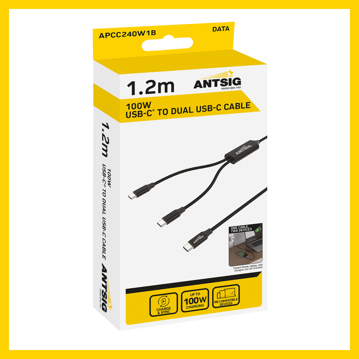 Antsig 1.2m 100W USB-C to Dual USB-C Cable