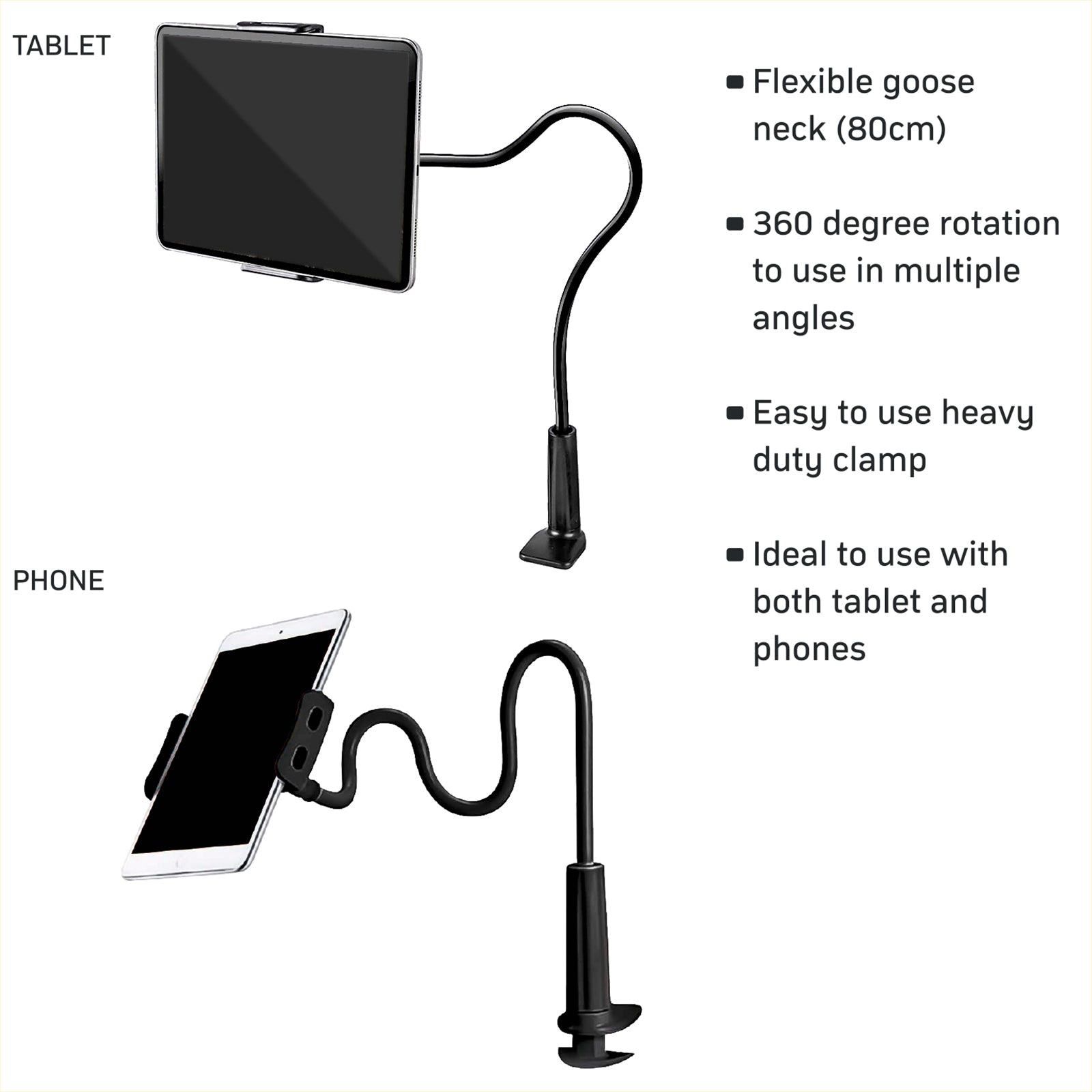 Phone And Tablet Holder With Heavy Duty Clamp And Flexible Arm