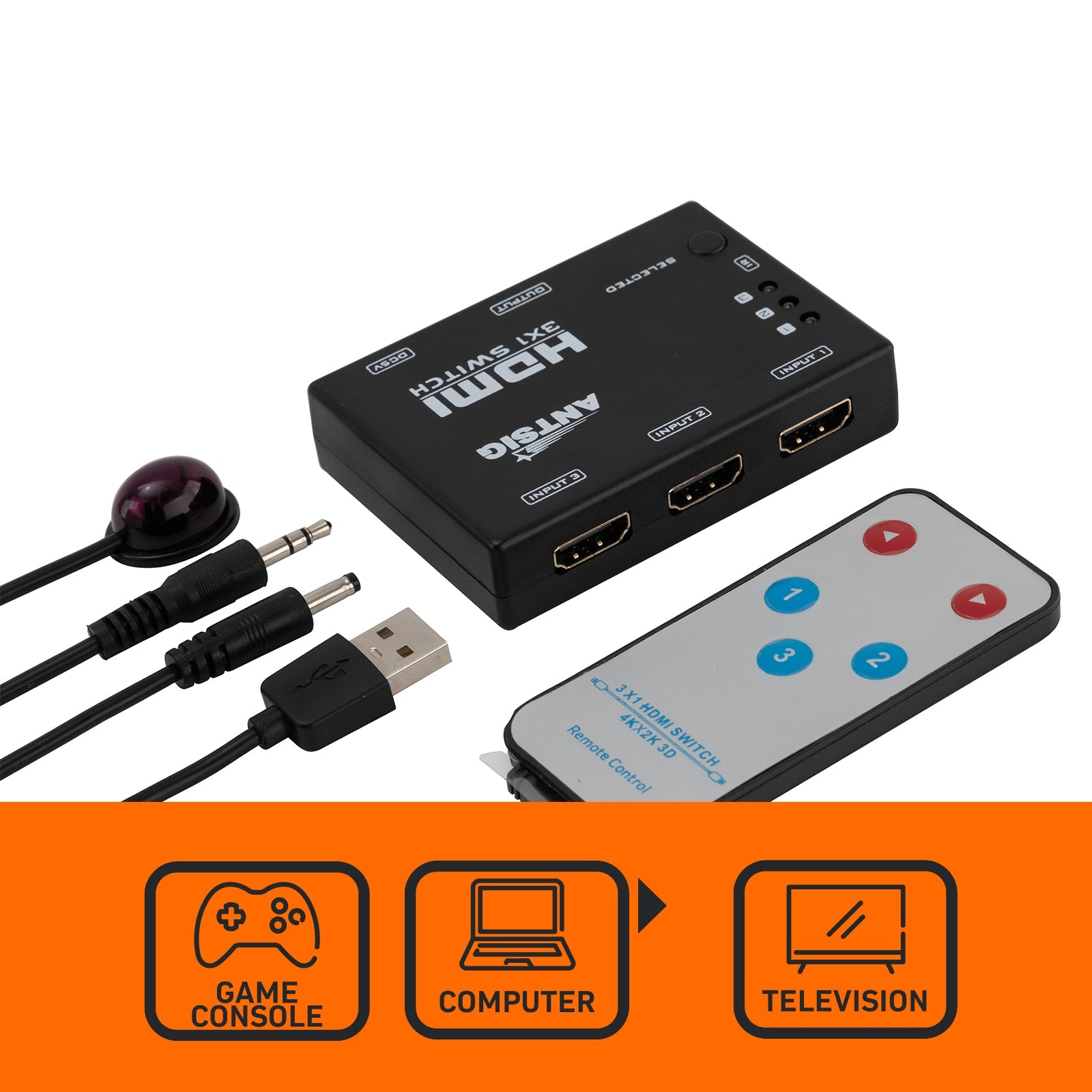 HDMI Switch 3 Way 4K With Remote