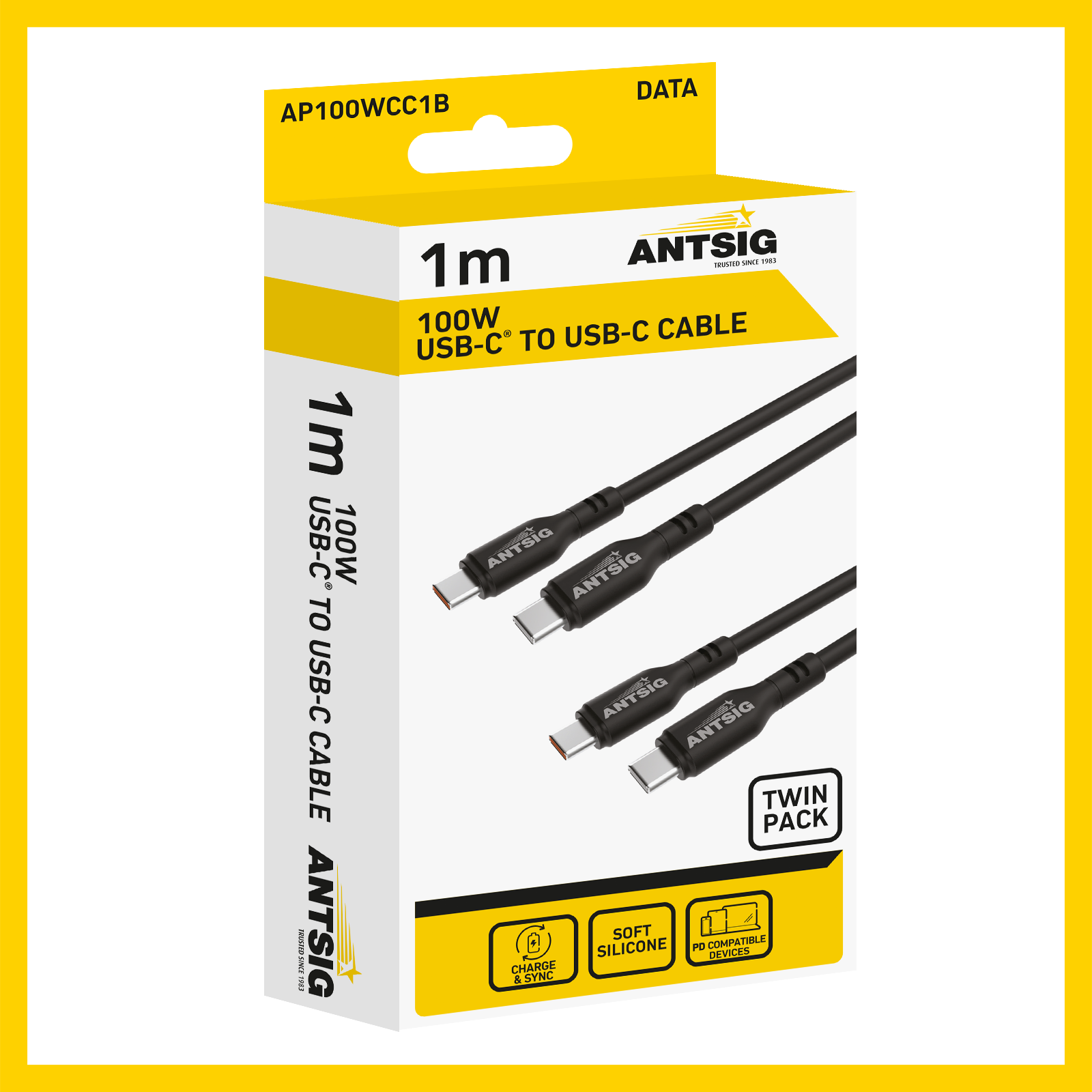 Antsig 1m 100W USB-C to USB-C Cable Twin Pack