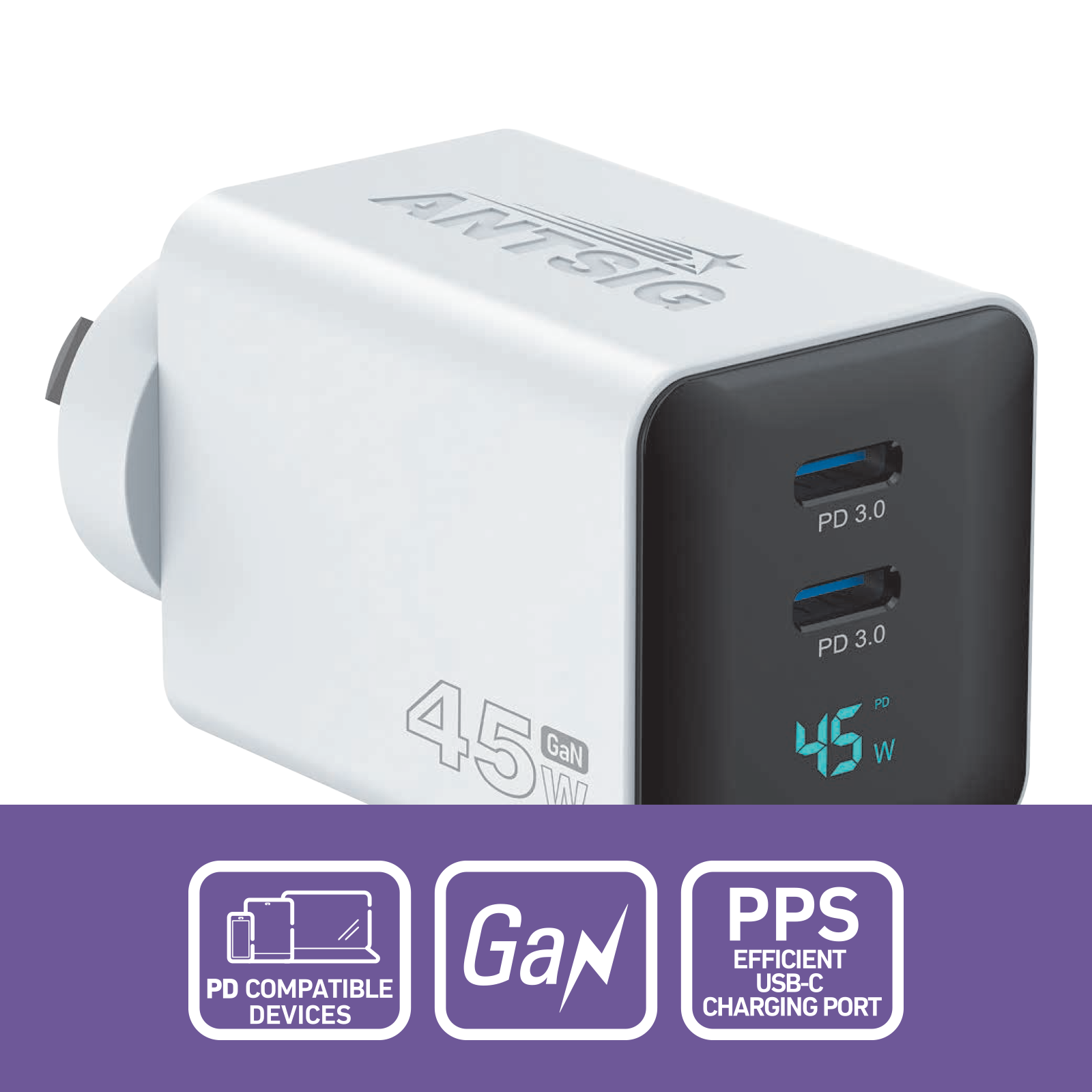 Antsig 45W Dual USB-C Wall Charger With Screen Display