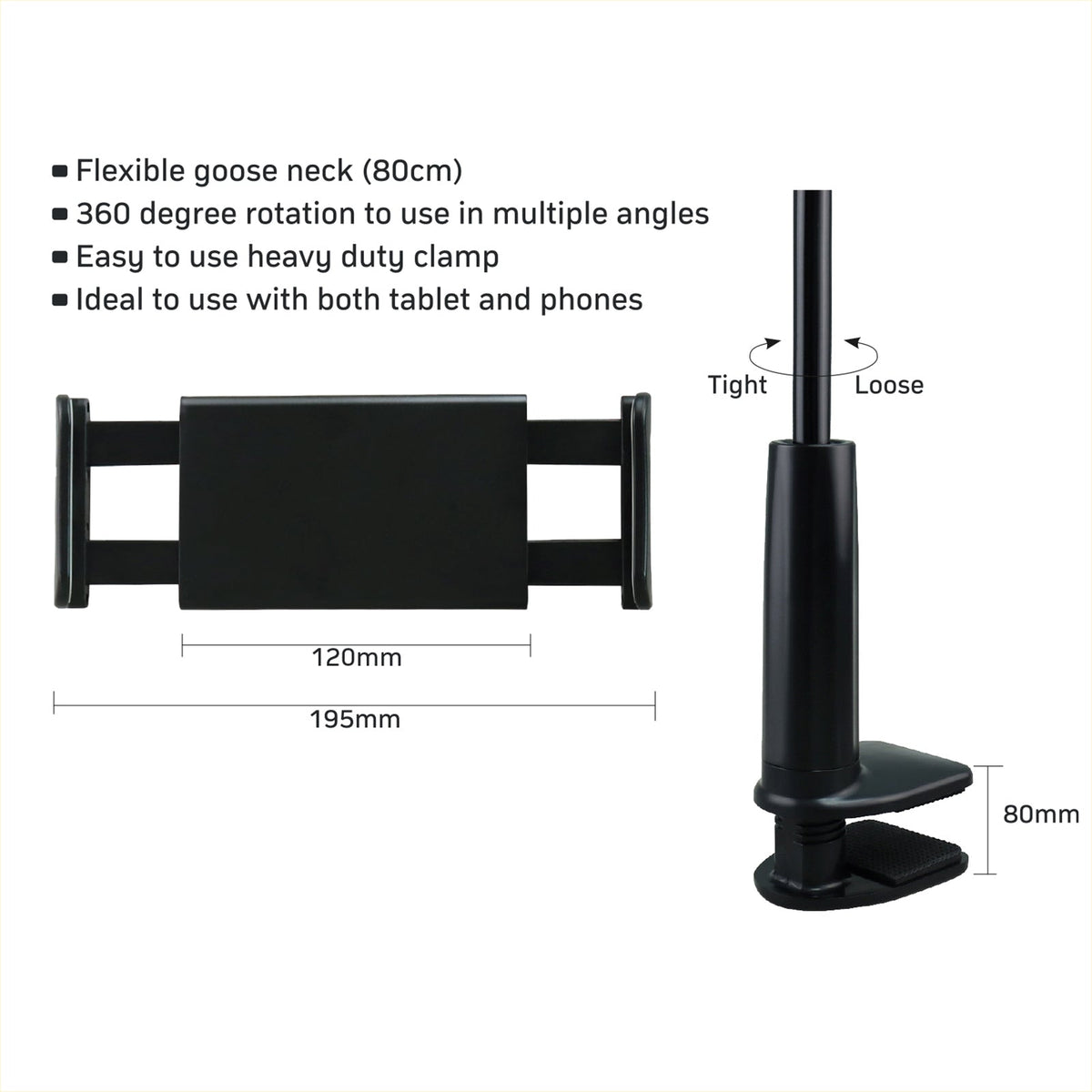 Phone And Tablet Holder With Heavy Duty Clamp And Flexible Arm
