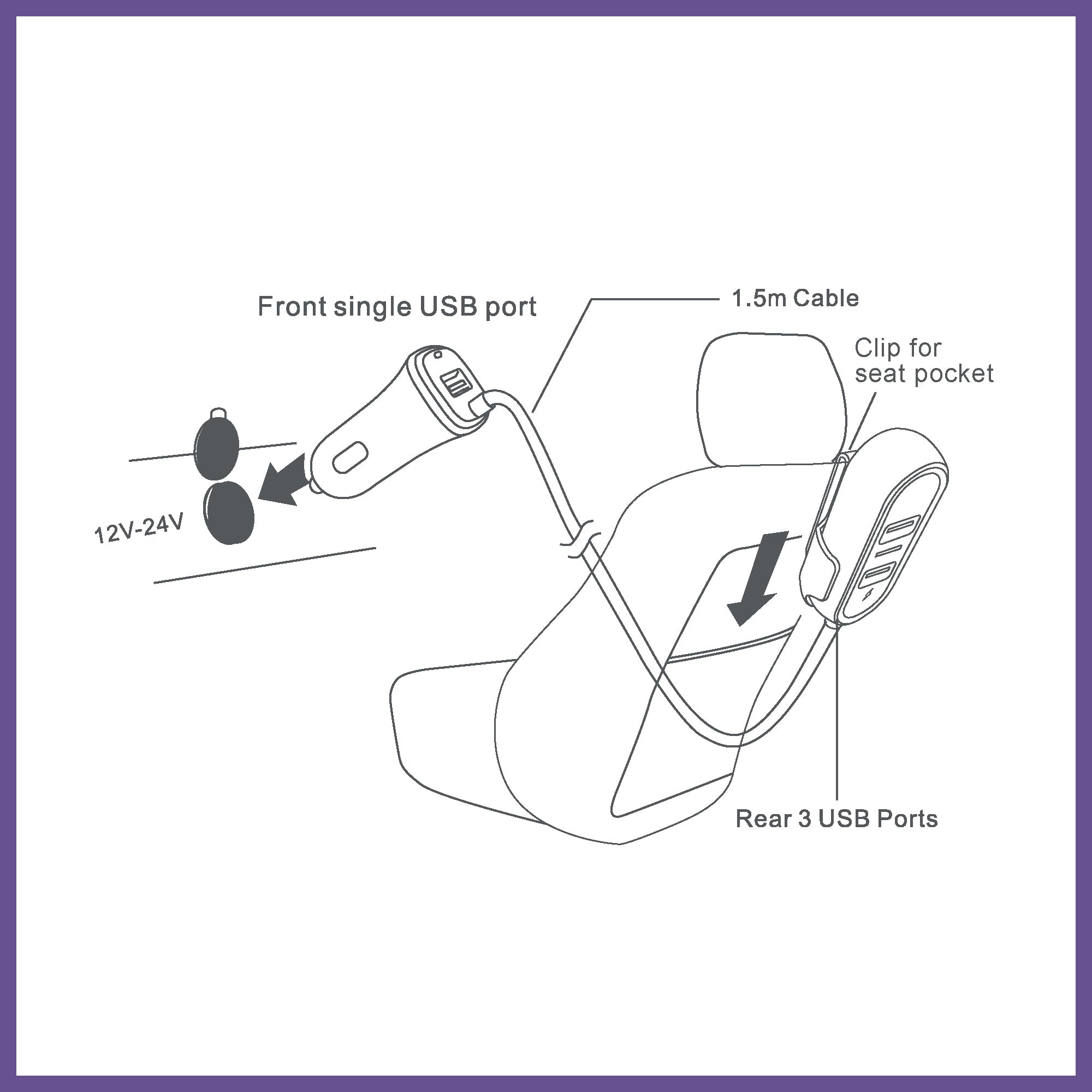 4 Port Car Charger with Extension